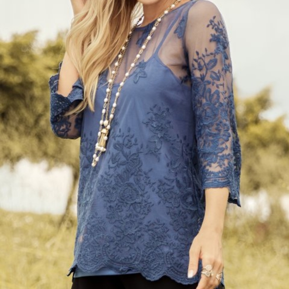 Dark Blue Floral and Lace Blouse, Top.